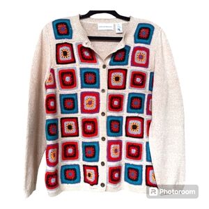 Alfred Dunner Vintage Granny Square Crochet Medium Cardigan Shoulder Pad…
